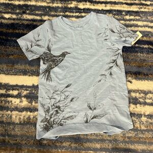 Anthropologie Blue T-Shirt with Bird and Leaf Design